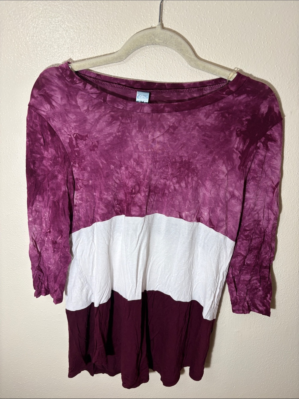 Women's Three-Tone Long Sleeve Tee in Plum, White, and Deep Plum